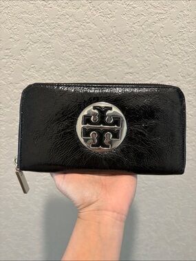 Tory Burch Black Patent Leather Zip-Around Wallet with Silver Logo Medallion